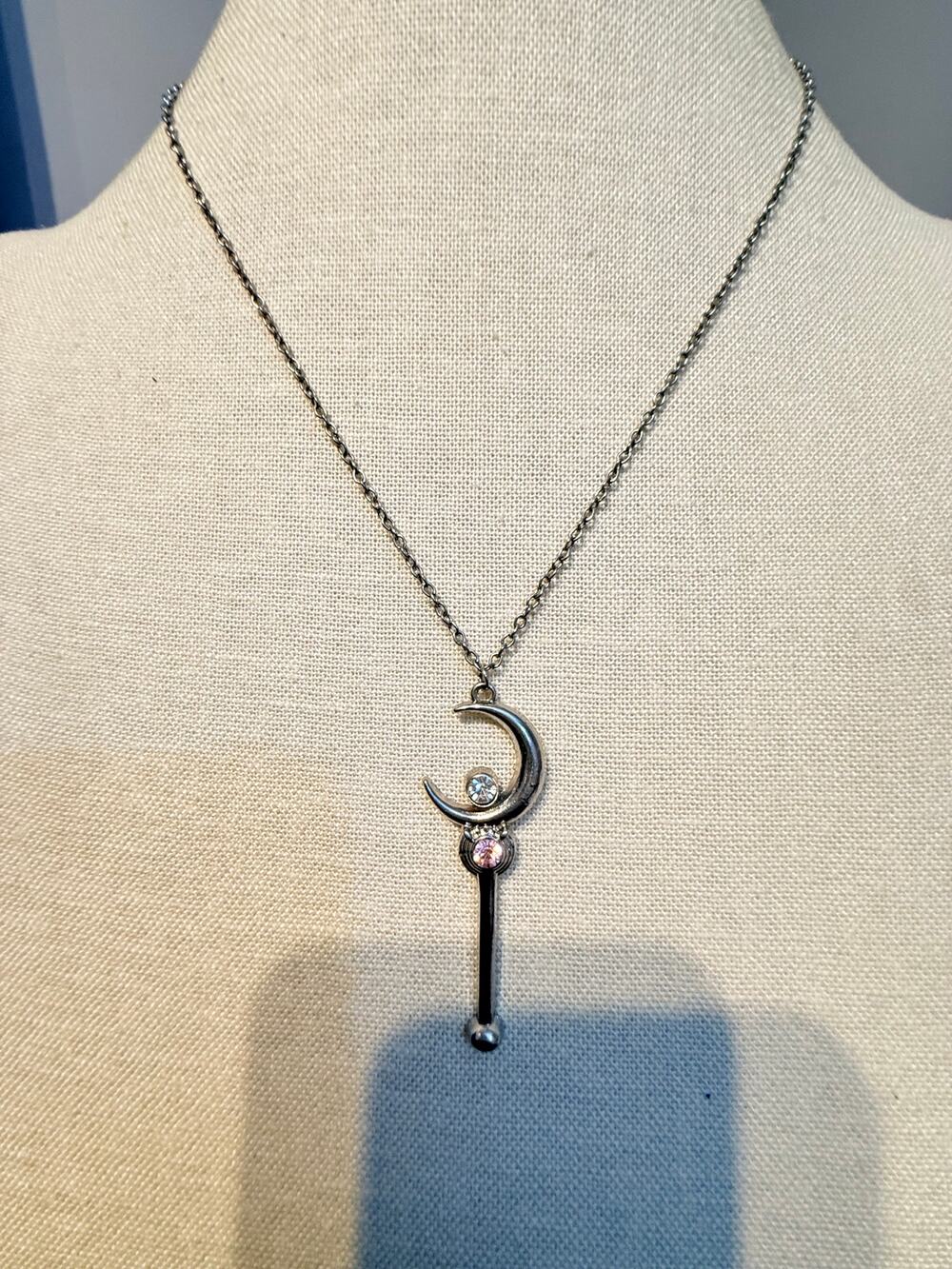 Vintage Crescent Moon Rhinestone Necklace 20”